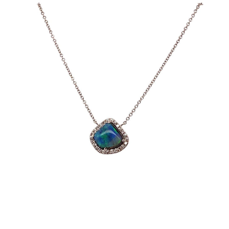 18K White Gold Abstract Opal & Halo Pendant