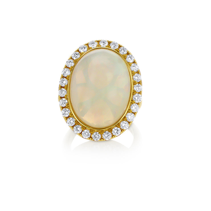 10.01 Cttw Opal and 1.02 Cttw Round Diamond Halo 14K Yellow Gold Fashion Ring