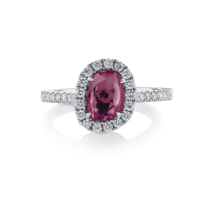 0.98 Cttw Pink Sapphire and 0.37 Cttw Diamond Halo 14K White Gold Ring