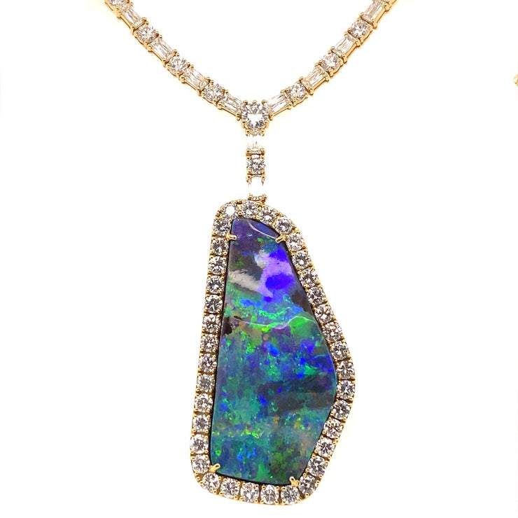 18K Yellow Gold Boulder Opal And Diamond Halo Necklace
