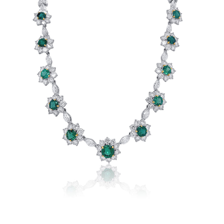 8.49 Cttw Emerald and 20.00 Cttw Mixed Cut Diamond Floral Platinum Necklace