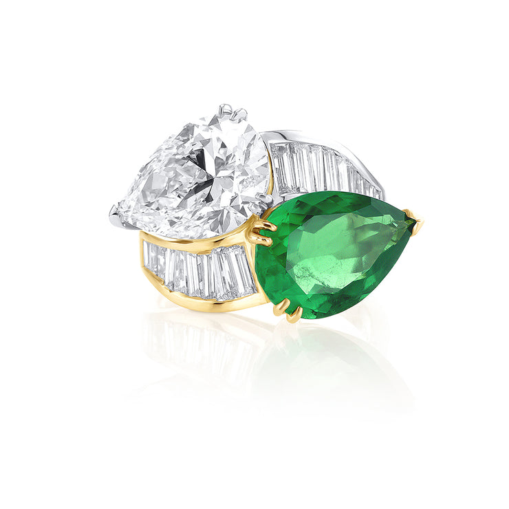 2.36 CT Pear Diamond, 5.64 CT Colombian Emerald, and 1.25 Cttw Baguette By-Pass Platinum and 18K Yellow Gold Ring