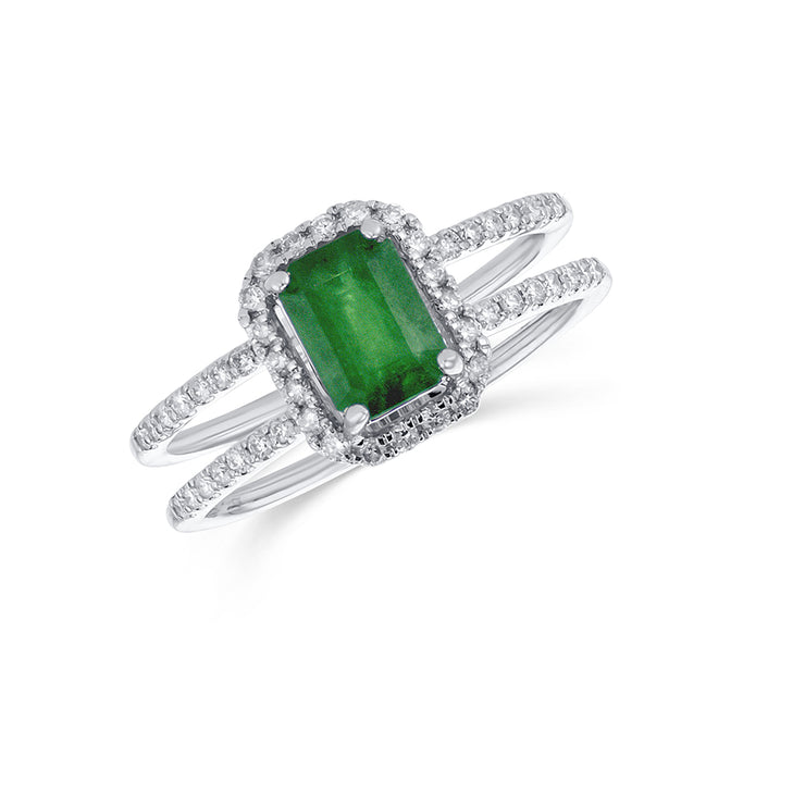 14K White Gold 1.00 CT Green Emerald and 0.30 CT Diamond Halo Split-Shank Ring