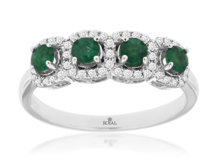 14K White Gold 0.43 CT Green Emerald & Diamond Halo Band