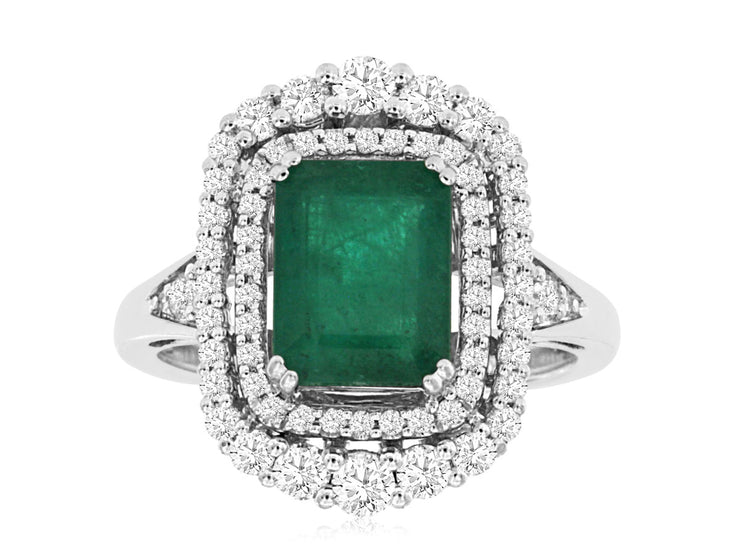 14K White Gold 2.15 CT Green Emerald & Diamond Halo Ring