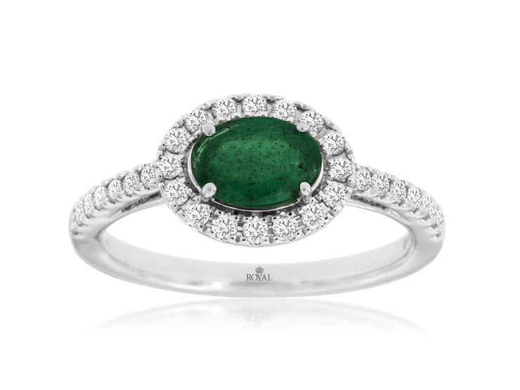 14K White Gold 0.75 CT Green Emerald & Diamond Halo East-West Ring