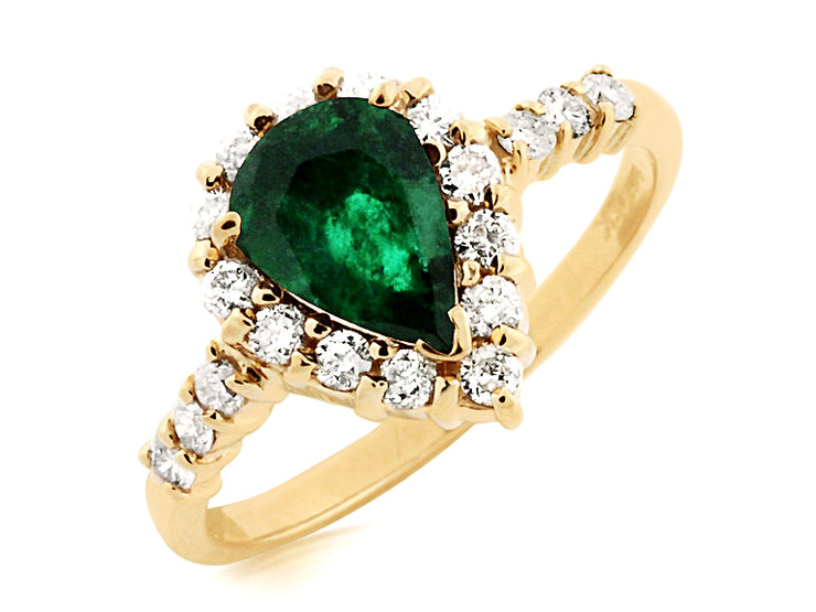 14K Yellow Gold 1.12 CT Green Emerald & Halo Diamond Ring