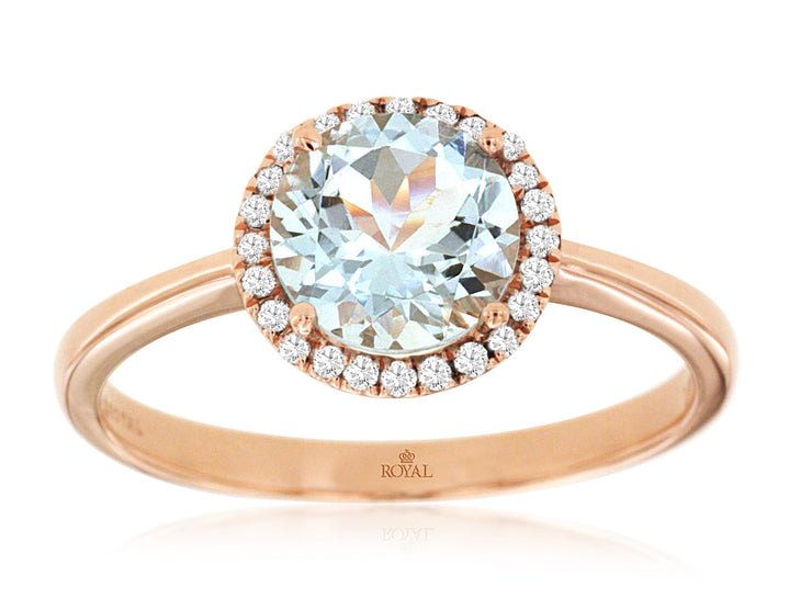 14K Rose gold Aquamarine & Diamond Halo Ring