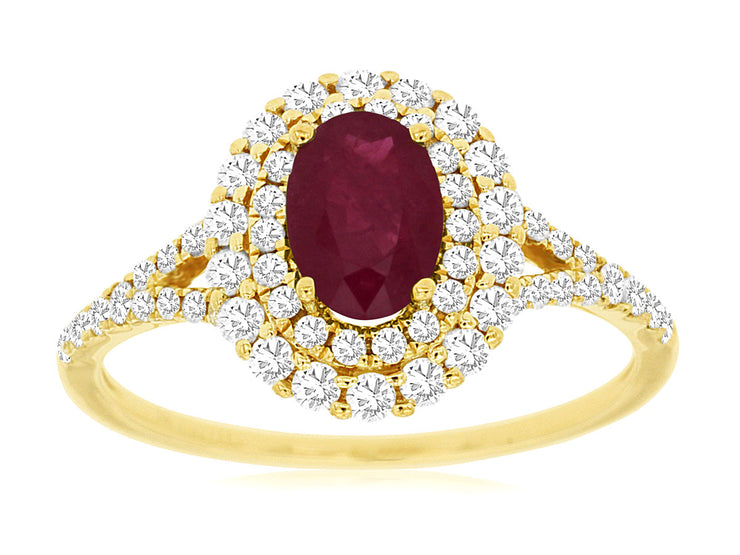 14K Yellow Gold 0.90 CT Ruby and 0.50 CT Diamond Double Halo Ring
