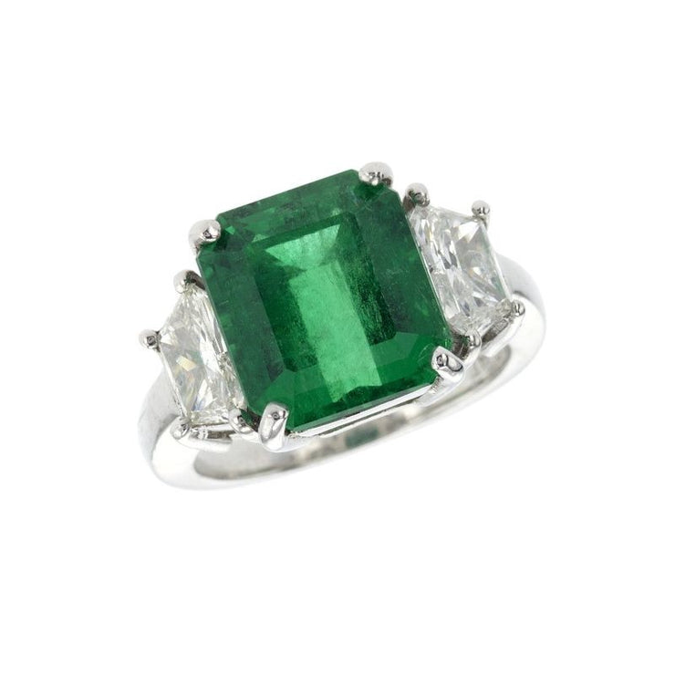 Platinum 5.12 CT Emerald Gemstone and 0.92 CT Trapezoid Diamond Three Stone Ring
