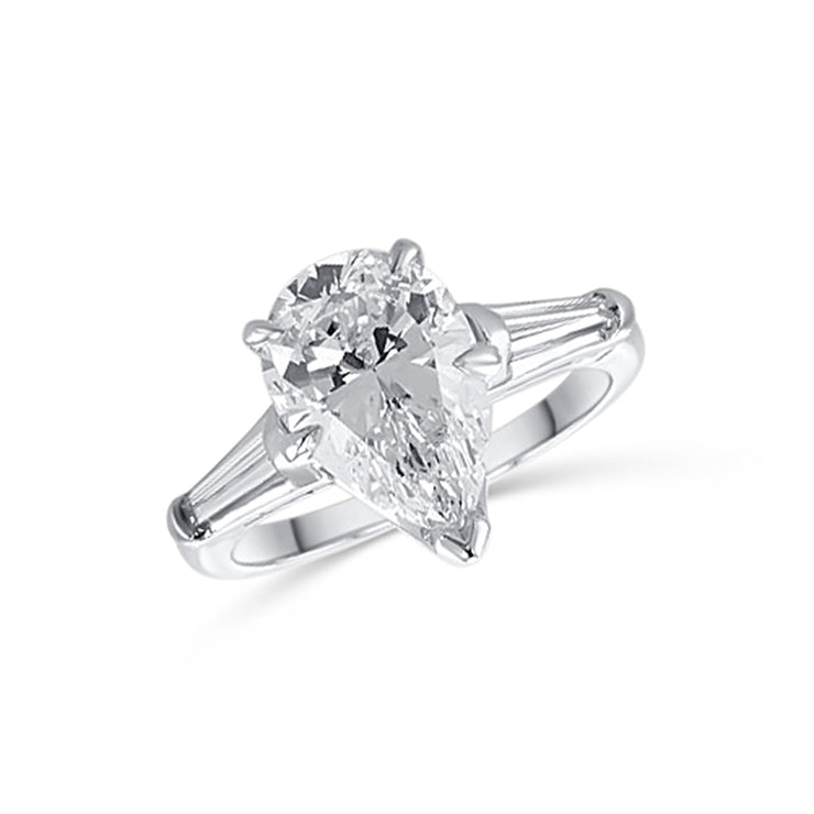 Platinum 3.08 CT Pear Diamond and 0.55 CT Baguette Three Stone Engagement Ring