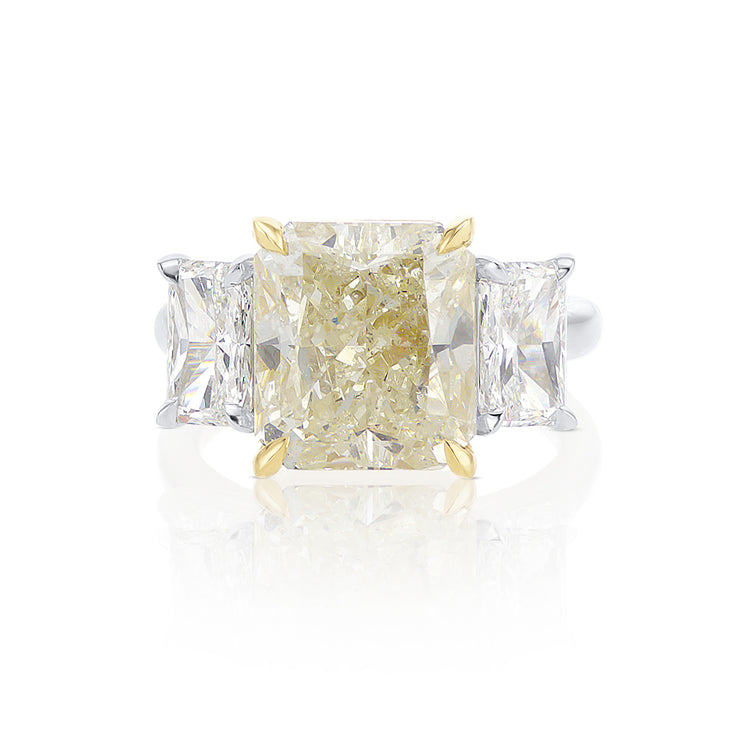 6.05 CT Fancy Yellow Radiant Diamond and 1.55 Cttw White Diamond Three Stone Platinum and 18K Yellow Gold Engagement Ring