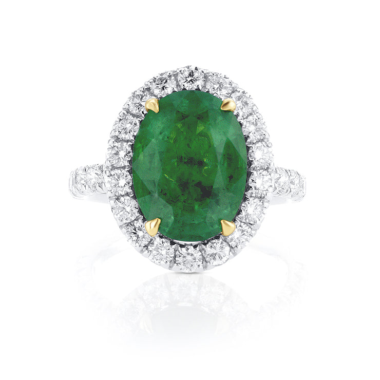 4.12 CT Oval Emerald and 1.31 Cttw Round Diamond Halo 18K Two Tone Gold Ring
