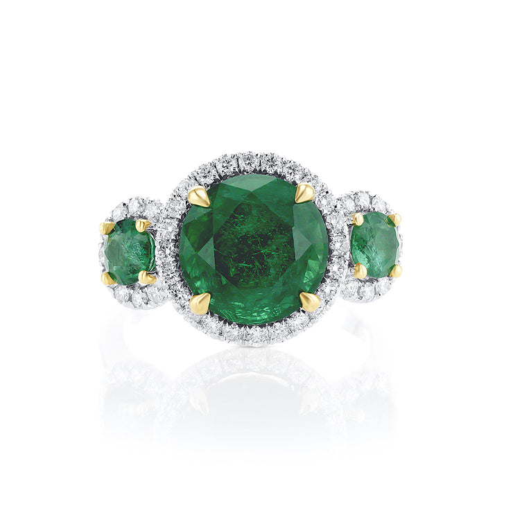 4.58 Cttw Round Emerald Three Stone Halo 18K Two Tone Gold Ring