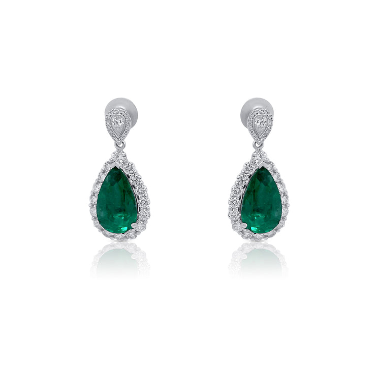 6.38 Cttw Pear Emerald and 1.79 Cttw Diamond Halo Drop 18K White Gold Dangle Earrings