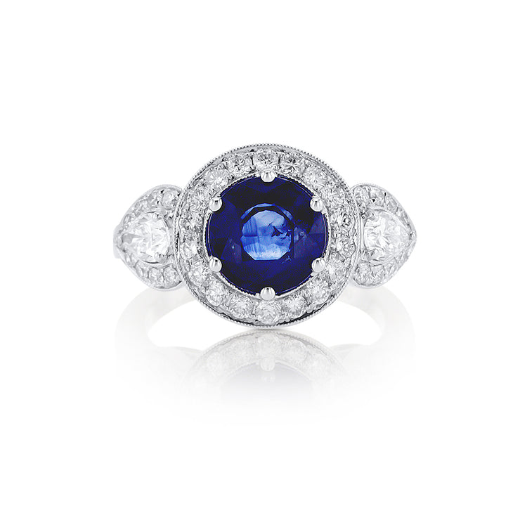 3.11 CT Round Sapphire and 1.16 Cttw Pear Three Stone Halo 18K White Gold Ring