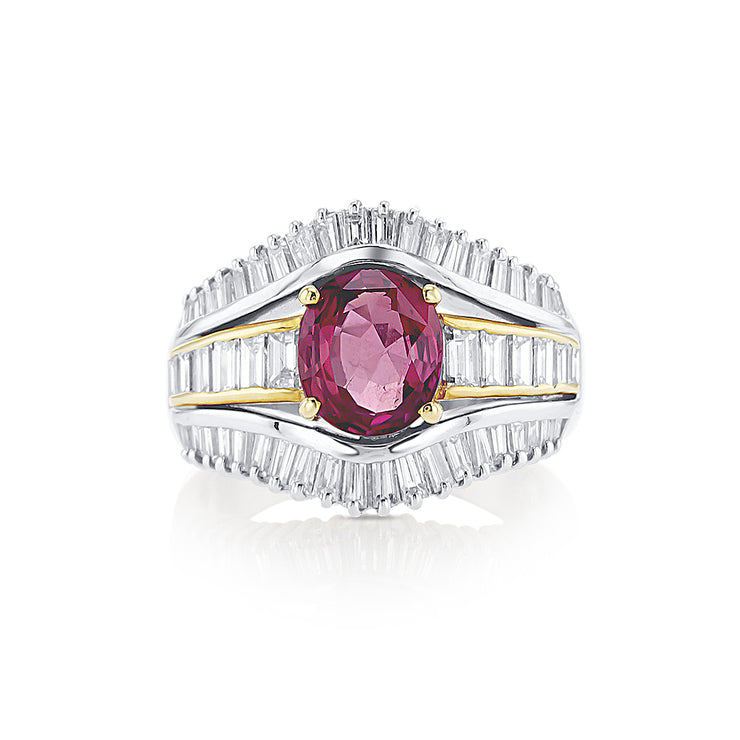 1.74 CT Oval Ruby and 1.32 Cttw Baguette Diamond Split Shank Platinum and 18K Yellow Gold Ring