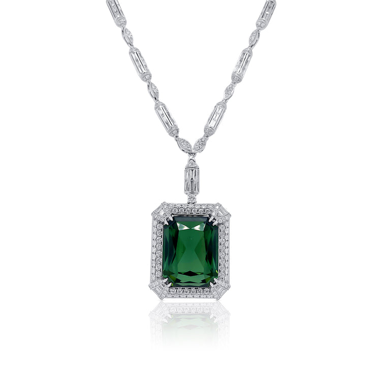 42.19 CT Emerald Cut Green Tourmaline and 3.99 Cttw Diamond Halo 18K White Gold Necklace