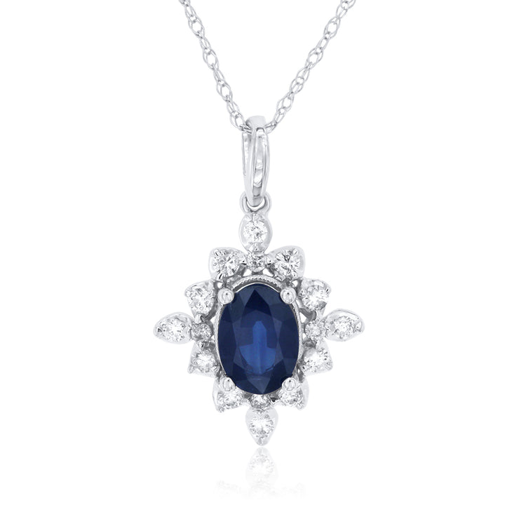 1.00 CT Oval Cut Sapphire and 0,25 Cttw Diamond Halo 14K White Gold Pendant