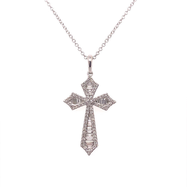 14K White Gold 0.21 CT Round & Baguette Diamond Cross Pendant