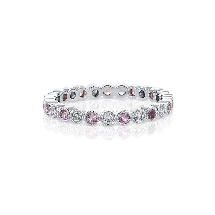 Pink Sapphire and Diamond Eternity Milgrain Band in 18K White Gold - The Diamond Factory