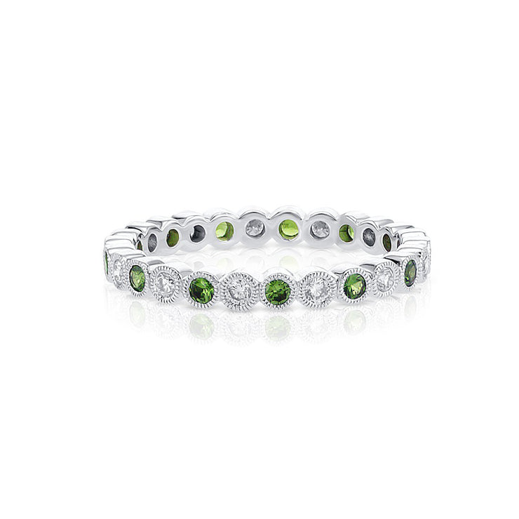 Tsavorite and Diamond Eternity Milgrain Band in 18K White Gold - The Diamond Factory