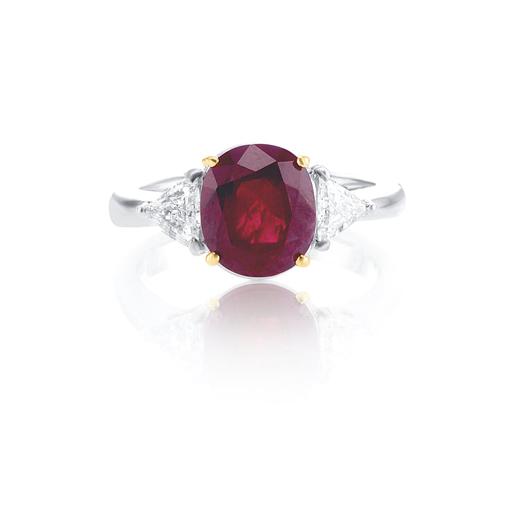 3.34 CT Cushion Ruby and 0.40 Cttw Trillion Diamond Platinum and 18K White Gold Ring